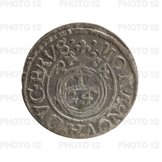 One-and-a-half. Maker: Ernest Pfahler. Department of Coins of Lands Associated with Poland. George William of Hohenzollern (Elector of Brandenburg; Duke of Prussia; 1620–1640). Iconography: cross; orb of rule; coats of arms. Obverse: under the ducal mitre, a five-field heraldic shield; below in the shield the value numeral 3. In the rim between the borders, an inscription separated by the mitre and the value numeral: GE.WI.MAR. - BR.SRIEL. Reverse: royal orb with a cross whose arms terminate in finials; in the lower part of the orb the value numerals 24; on the sides of the cross, date numerals 2-4. In the rim between the borders an inscription divided by a cross: .MONE.NOVA.DVC.PRVS.-, 1624. Place/date: Ducal Prussia (1525–1701), Königsberg, 1624. Object: coin. Dimensions: diameter 19.8 mm; weight 0.94 g; axis 315°.