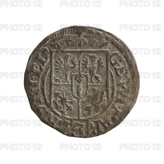 One-and-a-half; Ernest Pfahler; Department of Coins of Lands Associated with Poland; George William Hohenzollern (Elector of Brandenburg; Duke of Prussia; 1620–1640); orb of rule (iconographic); cross (iconographic); coats of arms. Obverse: Under the ducal mitre, a five-field coat of arms; below in the shield the value numeral 3. In the rim between the borders, an inscription separated by the mitre and the value numeral and terminating in a rosette GE.WI., R. - BR.SRIEL. Reverse: Royal orb with a cross with arms terminating in finials; in the lower part of the orb, the value numerals 24; on the sides of the cross, date numerals 2-4. In the rim between the borders an inscription divided by a cross, NE.NOVA.DVC.PRVS.-, 1624. Ducal Prussia (1525–1701), Königsberg. Coin: diameter 19.2 mm; weight 1.03 g; axis 225°.