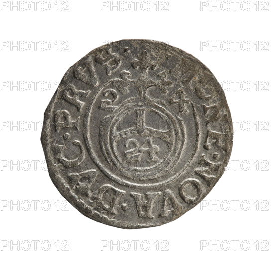 One-and-a-half groschen; maker: Ernest Pfahler. Obverse: under ducal mitre, five-field coat of arms with value numeral 3 in lower part of shield; rim inscription separated by mitre and value numeral, terminating in a rosette: GE.WI., R. - BR.SRIEL. Reverse: royal orb with cross whose arms terminate in finials; value numerals 24 in lower part of orb; date numerals 2-4 on sides of cross; rim inscription divided by a cross: NE.NOVA.DVC.PRVS.- 1624. Ducal Prussia (1525–1701), Königsberg. Coin; diameter 19.2 mm; weight 1.03 g; axis 225°.