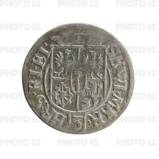 One-and-a-half coin (1624). Obverse: under a ducal mitre, five-field heraldic shield with the value numeral 3 in the lower part; rim inscription separated by the mitre and value numeral reading GEWI.MAR. - BR.SRIEL. Reverse: royal orb with a cross whose arms terminate in finials; value numerals 24 in the lower part of the orb and date numerals 2-4 on the sides of the cross; rim inscription divided by the cross .MONE.NOVA.DVC.PRVS.-, 1624. Iconography: cross, orb of reign, coats of arms. Associated ruler: George William of Hohenzollern (Elector of Brandenburg; Duke of Prussia; 1620–1640). Issued in Ducal Prussia (Königsberg), coin; diameter 19.3 mm, weight 0.98 g, axis 90°.