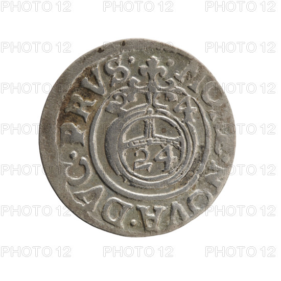 one-and-a-half, cross (iconographic), George William of Hohenzollern (Elector of Brandenburg; Duke of Prussia; 1620–1640), orb of reign (iconographic), coats of arms. Obverse: Under the ducal mitre, a five-field heraldic shield; below in the shield the value numeral 3. In the rim between the borders, an inscription separated by the mitre and the value numeral, GEWI.MAR. - BR.SRIEL. Reverse: Royal orb with a cross with arms terminating in finials. In the lower part of the orb, the value numerals 24. On the sides of the cross, date numerals 2-4. In the rim between the borders an inscription divided by a cross .MONE.NOVA.DVC.PRVS.-, 1624. Ducal Prussia (1525–1701), Königsberg; coin: diameter 19.3 mm, weight 0.98 g, axis 90 degrees.