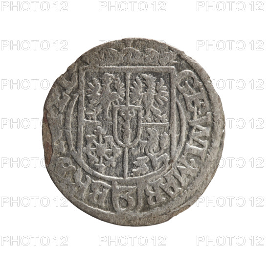 One-and-a-half coin (1624). Maker: George William Hohenzollern (Elector of Brandenburg; Duke of Prussia; reign 1620–1640). Obverse: under the ducal mitre, a five-field coat of arms with the value numeral 3 in the shield; rim inscription separated by the mitre and numeral, terminating in a rosette GE.WI.MAR - BR. Reverse: royal orb with a cross whose arms terminate in finials; value numerals 24 in the lower part of the orb, date numerals 2-4 on the sides of the cross; rim inscription divided by a cross .MONE., A.DVC.PRVS.-, 1624. Iconography: orb of rule, cross, coats of arms. Place/date: Ducal Prussia (1525–1701), Königsberg. Coin specifications: diameter 19.0 mm, weight 0.85 g, axis 180°.
