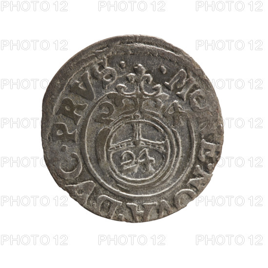 One-and-a-half (3/2) coin, Ernest Pfahler (maker), Department of Coins of Lands Associated with Poland — George William Hohenzollern (Elector of Brandenburg; Duke of Prussia; 1620–1640). Obverse: under the ducal mitre a five-field coat of arms; value numeral 3 in the shield; rim inscription between borders separated by the mitre and value numeral terminating in a rosette: GE.WI.MAR - BR. Reverse: royal orb with a cross whose arms terminate in finials; value numerals 24 in the lower part of the orb; date numerals 2-4 on the sides of the cross; rim inscription between borders divided by a cross: .MONE., A.DVC.PRVS.-, 1624. Ducal Prussia (1525–1701), Königsberg. Coin: diameter 19.0 mm, weight 0.85 g, axis 180 degrees.