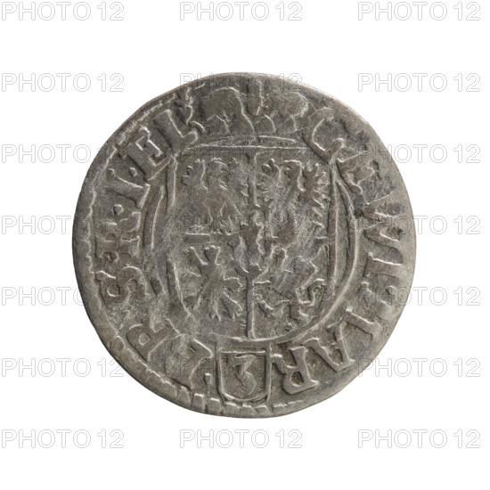 Obverse: Under the ducal mitre, a five-field heraldic shield; below in the shield the value numeral 3. In the rim between the borders, an inscription separated by the mitre and the value numeral and terminating in a heart, the hallmark GE.WI.MAR - .BR.SRIEL. Reverse: Royal orb with a cross with arms terminating in finials. In the lower part of the orb, the value numerals 24. On the sides of the cross, date numerals 2-4. In the rim between the borders an inscription divided by a cross .MONE.NOVA.DVC.PRVS.-, 1624. Ducal Prussia (1525–1701), Königsberg; coin. Diameter 19.3 mm, weight 1.01 g, axis 170°.
