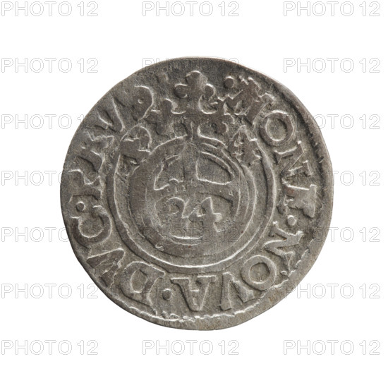 Obverse: Under the ducal mitre, a five-field heraldic shield; below in the shield the value numeral 3. In the rim between the borders, an inscription separated by the mitre and the value numeral and terminating in a heart, the hallmark GE.WI.MAR - .BR.SRIEL. Reverse: Royal orb with a cross with arms terminating in finials. In the lower part of the orb, the value numerals 24. On the sides of the cross, date numerals 2-4. In the rim between the borders an inscription divided by a cross .MONE.NOVA.DVC.PRVS.-, 1624. Ducal Prussia (1525–1701), Königsberg. Coin: diameter 19.3 mm, weight 1.01 g, axis 170°. One-and-a-half (value). Maker: Pfahler, Ernest. Subjects/iconography: cross, orb of rule, coats of arms.