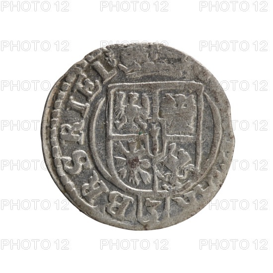 One-and-a-half (coin), Pfahler, Ernest. Obverse: under the ducal mitre, a five-field heraldic shield with the value numeral 3 in the lower part of the shield; in the rim between borders an inscription separated by the mitre and the value numeral terminating in a heart hallmark. Reverse: royal orb with a cross whose arms terminate in finials; value numerals 24 in the lower part of the orb and date numerals 2-4 on the sides of the cross; in the rim between borders an inscription divided by a cross reading MONE NOVA DVC P, 1624. George William of Hohenzollern (Elector of Brandenburg; Duke of Prussia; 1620–1640). Ducal Prussia (1525–1701), Königsberg. Coin: diameter 19.5 mm, weight 1.11 g, axis 50°.