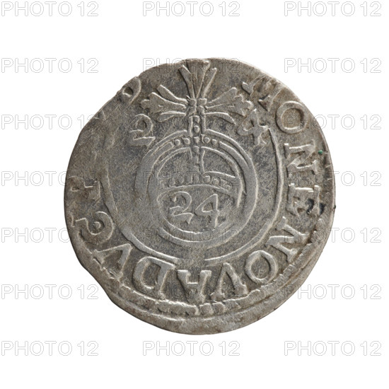 One-and-a-half; Pfahler, Ernest. Cross (iconographic); George William of Hohenzollern (Elector of Brandenburg; Duke of Prussia; 1620–1640); regal orb (iconographic); coats of arms. Obverse: under the ducal mitre, a five-field heraldic shield; below in the shield the value numeral 3. In the rim between the borders, an inscription separated by the mitre and the value numeral and terminating in a heart—the hallmark. Reverse: royal orb with a cross with arms terminating in finials; in the lower part of the orb, the value numerals 24; on the sides of the cross, date numerals 2–4; in the rim between the borders an inscription divided by a cross: MONE NOVA DVC P, 1624. Ducal Prussia (1525–1701), Königsberg. Coin: diameter 19.5 mm; weight 1.11 g; axis 50°.