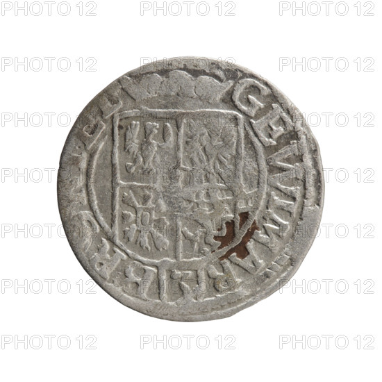 One-and-a-half coin, maker Ernest Pfahler. Obverse: Under the ducal mitre, a five-field heraldic shield with the value numeral 3 below; rim inscription separated by the mitre and the value numeral reads GE WI MAR - BR. Reverse: Royal orb with a cross ending in finials; lower part of the orb shows the value numerals 24 and date numerals 2-4 on the cross arms; rim inscription divided by a cross reads NOVA DVC PRVS, 1624. Issued for George William Hohenzollern (Elector of Brandenburg; Duke of Prussia; 1620–1640). Ducal Prussia (1525–1701), Königsberg. Coin; diameter 19.0 mm, weight 0.98 g, axis 200°.