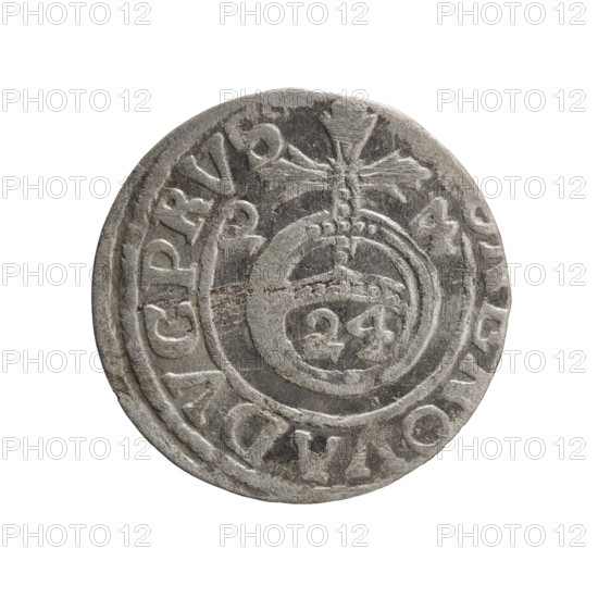 One-and-a-half; maker: Pfahler, Ernest. Obverse: Under the ducal mitre, a five-field heraldic shield; below in the shield the value numeral 3. In the rim between the borders an inscription separated by the mitre and the value numeral GE WI MAR - BR. Reverse: Royal orb with a cross with arms terminating in finials; in the lower part of the orb the value numerals 24; on the sides of the cross the date numerals 2-4. In the rim between the borders an inscription divided by a cross, NOVA DVC PRVS, 1624. Subject: George William Hohenzollern (Elector of Brandenburg; Duke of Prussia; 1620–1640). Place and polity: Ducal Prussia (1525–1701), Königsberg. Object: coin; diameter 19.0 mm; weight 0.98 g; axis 200 degrees.