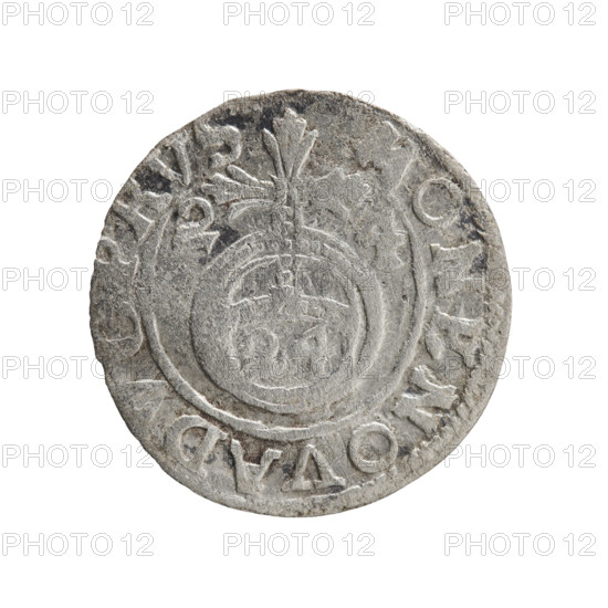 One-and-a-half (coin). Obverse: Under the ducal mitre a five-field heraldic shield; below in the shield the value numeral 3. In the rim between the borders an inscription separated by the mitre and the value numeral, 'EW, MAR -, R, I EL Rw.' Reverse: Royal orb with a cross with arms terminating in finials; in the lower part of the orb the value numerals 24; on the sides of the cross the date numerals 2-4. In the rim between the borders an inscription divided by a cross 'MONE NOVA D, PRVS, 1624.' Maker/issuer: George William Hohenzollern (Elector of Brandenburg; Duke of Prussia; 1620–1640). Iconography: cross, orb of rule, coats of arms. Place/date: Ducal Prussia (1525–1701), Königsberg, 1624. Coin: diameter 19.1 mm, weight 1.01 g, axis 80°. Maker: Pfahler, Ernest (engraver/issuer).