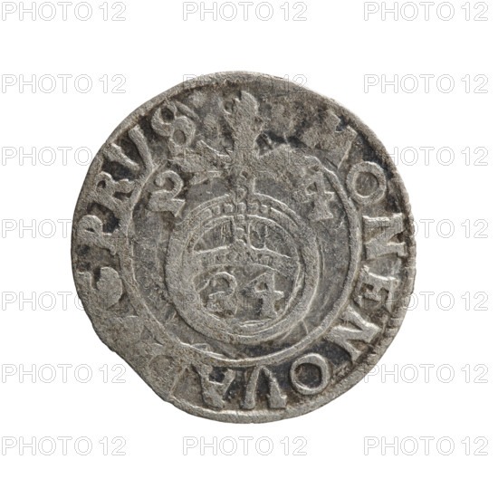 One-and-a-half; Ernest Pfahler; Department of Coins of Lands Associated with Poland — George William of Hohenzollern (Elector of Brandenburg; Duke of Prussia; 1620–1640); cross (iconographic); orb of rule (iconographic); coats of arms. Obv.: under the ducal mitre a five-field heraldic shield, below in the shield the value numeral 3; in the rim between the borders an inscription separated by the mitre and the value numeral GE W, AR - B, EL Rw. Reverse: royal orb with a cross whose arms terminate in finials; in the lower part of the orb the value numerals 24; on the sides of the cross the date numerals 2-4; in the rim between the borders an inscription divided by a cross MONE NOVA PRVS 1624. Ducal Prussia (1525–1701), Königsberg. Coin: diameter 19.3 mm, weight 0.81 g, axis 240°.