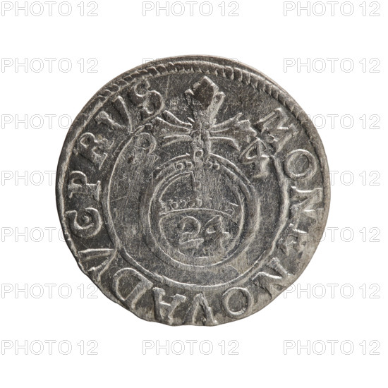 One-and-a-half coin. Obverse: under the ducal mitre, a five-field coat of arms; below in the shield the value numeral 3. In the rim between the borders, an inscription separated by the mitre and the value numeral and terminating in a heart - the hallmark mark. Legend: GE WI MAR - BR SRI EL. Right: royal orb with a cross whose arms terminate in finials; in the lower part of the orb the value numerals 24; on the sides of the cross, date numerals 2-4. In the rim between the borders an inscription divided by a cross: MONE NOVA DVC PRVS, 1624. Maker: George William Hohenzollern (Elector of Brandenburg; Duke of Prussia; 1620–1640). Ducal Prussia (1525–1701), Königsberg. Coin; diameter 19.3 mm; weight 1.01 g; axis 0°.