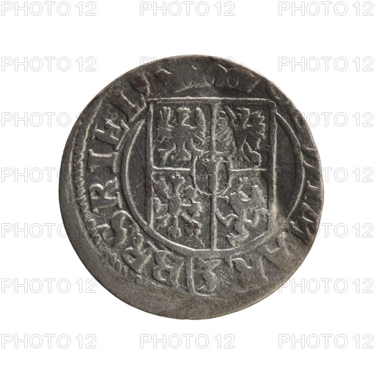 one-and-a-half, George William Hohenzollern (Elector of Brandenburg; Duke of Prussia; 1620-1640), cross (iconographic), orb of rule (iconographic), coats of arms. Obv. Under the ducal mitre a five-field coat of arms, below in the shield a value numeral 3. In the rim between the borders an inscription separated by the mitre and the value numeral and terminating with a heart - hallmark, MAR - BR SRI EL Rw. Royal orb with a cross with arms terminating in florettes. In the lower part of the orb the value numerals 24. On the sides of the cross the date numerals 2-4. In the rim between the borders an inscription divided by a cross MONE NOVA DVC PRVS, 1624, Königsberg, Ducal Prussia (1525-1701), coin, diameter 19.0 mm, weight 1.05 g, axis 200 degrees.