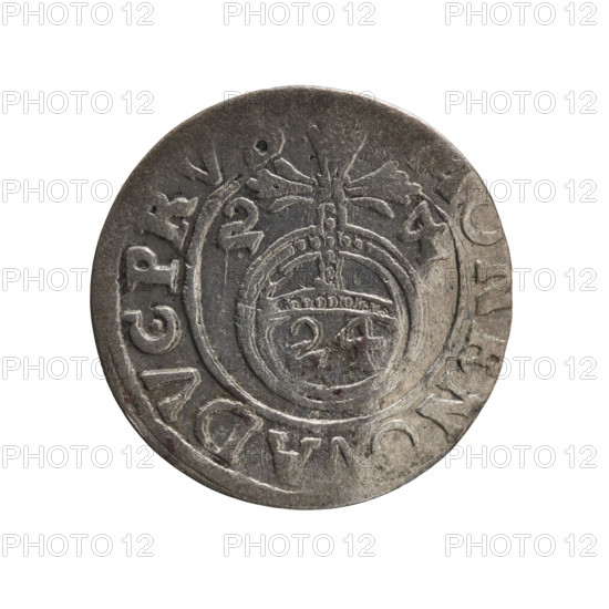 One-and-a-half coin (1624) — obverse: under a ducal mitre a five-field coat of arms with value numeral 3 in the shield; rim inscription separated by the mitre and numeral, ending with a heart hallmark; royal orb topped by a cross with arms ending in florettes, value numerals 24 in lower part of orb and date numerals 2-4 on cross arms; rim inscription MONE NOVA DVC PRVS 1624. Maker: George William Hohenzollern (Elector of Brandenburg; Duke of Prussia; 1620–1640). Iconography: cross, orb of rule, coats of arms. Place/date: Königsberg, Ducal Prussia (1525–1701). Coin: diameter 19.0 mm, weight 1.05 g, axis 200°.