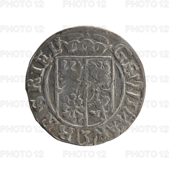 one-and-a-half, Pfahler, Ernest, cross (iconographic), George William of Hohenzollern (Elector of Brandenburg; Duke of Prussia; 1620-1640), orb of reign (iconographic), coats of arms. Obv. Under the ducal mitre a five-field heraldic shield, below in the shield the value numeral 3. In the rim between the borders an inscription separated by the mitre and the value numeral and terminating with a heart - the hallmark GE WI MAR - BR SRI EL Rw. Royal orb with a cross with arms terminating in florences. In the lower part of the orb the value numerals 24. On the sides of the cross the date numerals 2-4. In the rim between the borders an inscription divided by a cross, E NOVA DVC PRV, 1624. Ducal Prussia (1525-1701), Königsberg, coin: diameter 19.2 mm, weight 1.13 g, axis 170 degrees.
