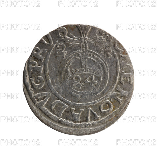 One-and-a-half, Pfahler, Ernest; cross (iconographic); George William of Hohenzollern (Elector of Brandenburg; Duke of Prussia; 1620–1640); orb of reign (iconographic); coats of arms. Obv.: under the ducal mitre a five-field heraldic shield, below in the shield the value numeral 3. In the rim between the borders an inscription separated by the mitre and the value numeral and terminating with a heart — the hallmark GE WI MAR — BR SRI EL Rw. Royal orb with a cross with arms terminating in florences. In the lower part of the orb the value numerals 24. On the sides of the cross the date numerals 2–4. In the rim between the borders an inscription divided by a cross, E NOVA DVC PRV, 1624. Ducal Prussia (1525–1701), Königsberg. Coin: diameter 19.2 mm; weight 1.13 g; axis 170°.