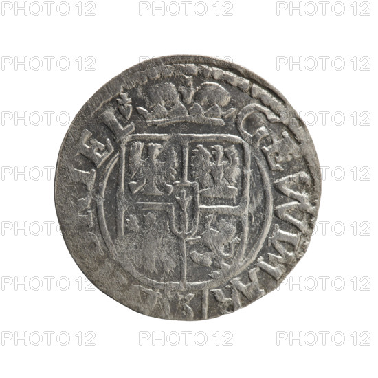 one-and-a-half, cross (iconographic), George William of Hohenzollern (Elector of Brandenburg; Duke of Prussia; 1620-1640), orb of rule (iconographic), coats of arms. Obverse: under the ducal mitre, a five-field heraldic shield; below in the shield the value numeral 3. In the rim between the borders an inscription separated by the mitre and the value numeral and terminating with a heart — the hallmark GE WI MAR — I EL Rw. Reverse: royal orb with a cross with arms terminating in finials. In the lower part of the orb the value numerals 24; on the sides of the cross the date numerals 2-4. In the rim between the borders an inscription divided by a cross MONE NOVA DVC PRVS, 1624. Ducal Prussia (1525–1701), Königsberg. Coin: diameter 19.2 mm, weight 0.87 g, axis 135°.