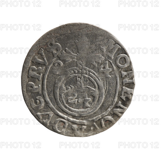 one-and-a-half, cross (iconographic), George William of Hohenzollern (Elector of Brandenburg; Duke of Prussia; 1620–1640), orb of rule (iconographic), coats of arms. Obv.: Under the ducal mitre, a five-field heraldic shield; below in the shield the value numeral 3. In the rim between the borders an inscription separated by the mitre and the value numeral and terminating with a heart — hallmark GE WI MAR — I EL Rw. Rev.: Royal orb with a cross with arms terminating in finials. In the lower part of the orb the value numerals 24; on the sides of the cross the date numerals 2-4. In the rim between the borders an inscription divided by a cross MONE NOVA DVC PRVS, 1624. Ducal Prussia (1525–1701), Königsberg. Coin: diameter 19.2 mm, weight 0.87 g, axis 135°.