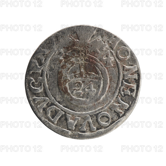 one-and-a-half, George William Hohenzollern (Elector of Brandenburg; Duke of Prussia; 1620-1640), cross (iconographic), orb of rule (iconographic), coats of arms. Obv. Under the ducal mitre a five-field heraldic shield, below in the shield the value numeral 3. In the rim between the borders an inscription separated by the mitre and the value numeral and terminating with a heart - hallmark GE, I, R -, EL Rw. Royal orb with a cross with arms terminating in finials. In the lower part of the orb the value numerals 24. On the sides of the cross the date numerals 2-4. In the rim between the borders an inscription divided by a cross MONE NOVA DVC, 1624. Ducal Prussia (1525-1701), Königsberg; coin: diameter 19.2 mm, weight 0.98 g, axis 280 degrees.