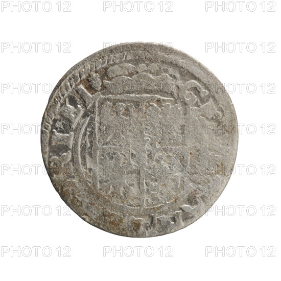 One-and-a-half; Ernest Pfahler. Obverse: Under the ducal mitre, a five-field heraldic shield; below in the shield the value numeral 3. Rim between borders bears an inscription separated by the mitre and the value numeral: G, RI EL Rw. Royal orb with a cross whose arms terminate in finials; in lower part of orb the value numerals 2, . On the sides of the cross the date numerals 2-, . Rim between borders has an inscription divided by a cross: ONE NOVA DV, VS, 162. Subject: George William Hohenzollern (Elector of Brandenburg; Duke of Prussia; 1620–1640). Iconography: cross, orb of rule, coats of arms. Duchy: Ducal Prussia (1525–1701), Königsberg. Object: coin. Measurements: diameter 19.2 mm, weight 0.98 g, axis 225°.