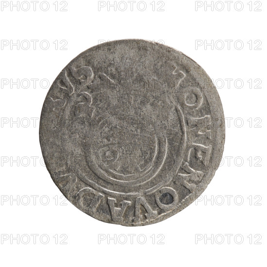 one-and-a-half, Ernest Pfahler, Department of Coins of Lands Associated with Poland, George William Hohenzollern (Elector of Brandenburg; Duke of Prussia; 1620–1640), cross (iconographic), orb of rule (iconographic), coats of arms. Obverse: Under the ducal mitre, a five-field heraldic shield; below in the shield the value numeral 3. In the rim between the borders an inscription separated by the mitre and the value numeral G, RI EL Rw. Reverse: Royal orb with a cross with arms terminating in finials. In the lower part of the orb the value numerals 2, . On the sides of the cross the date numerals 2-, . In the rim between the borders an inscription divided by a cross, ONE NOVA DV, VS, 162. Ducal Prussia (1525–1701), Königsberg; coin. Measurements: diameter 19.2 mm, weight 0.98 g, axis 225°.