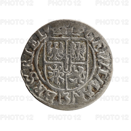 One-and-a-half (coin), Ernest Pfahler. Cross (iconographic). George William of Hohenzollern (Elector of Brandenburg; Duke of Prussia; 1620–1640). Orb of reign (iconographic). Coats of arms. Obverse: under the ducal mitre a five-field heraldic shield; below in the shield the value numeral 3. In the rim between the borders an inscription separated by the mitre and the value numeral and terminating with a heart — hallmark GE WI MAR — BR SRI EL Rw. Reverse: royal orb with a cross with arms terminating in florences; in the lower part of the orb the value numerals 24; on the sides of the cross the date numerals 2-4. In the rim between the borders an inscription divided by a cross and ending with a heart — hallmark MONE NOVA, 1624. Ducal Prussia (1525–1701), Königsberg. Coin: diameter 19.3 mm, weight 1.14 g, axis 230°.