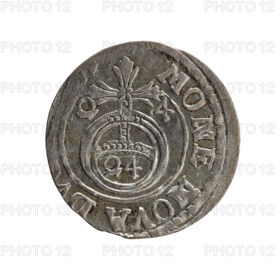 One-and-a-half (3), Ernest Pfahler. Obverse: Under a ducal mitre a five-field heraldic shield with the value numeral 3 below. In the rim between borders an inscription separated by the mitre and the value numeral, terminating with a heart; hallmark 'GE WI MAR - BR SRI EL Rw.' Reverse: Royal orb with a cross whose arms terminate in fleurs; value numerals 24 in the lower part of the orb and date numerals 2-4 on the sides of the cross. In the rim between borders an inscription divided by a cross and ending with a heart; hallmark 'MONE NOVA, 1624.' Iconography: cross, orb of reign, coats of arms. Subject: George William of Hohenzollern (Elector of Brandenburg; Duke of Prussia; 1620–1640). Place/date: Ducal Prussia (1525–1701), Königsberg, 1624. Object: coin; diameter 19.3 mm; weight 1.14 g; axis 230°.