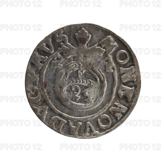 One-and-a-half; maker Ernest Pfahler. Department of Coins of Lands Associated with Poland. Coin for George William Hohenzollern (Elector of Brandenburg; Duke of Prussia; 1620–1640). Obverse: under the ducal mitre a five-field coat of arms; below in the shield the value numeral 3. In the rim between the borders an inscription separated by the mitre and the value numeral: GE WI MAR - BR SRI EL. Reverse: royal orb with a cross whose arms terminate in fleurs; in the lower part of the orb the value numerals 24; on the sides of the cross the date numerals 2–4. In the rim between the borders an inscription divided by a cross: MONE NOVA D, VS, 1624. Ducal Prussia (1525–1701), Königsberg. Coin; diameter 19.3 mm; weight 0.93 g; axis 300°.