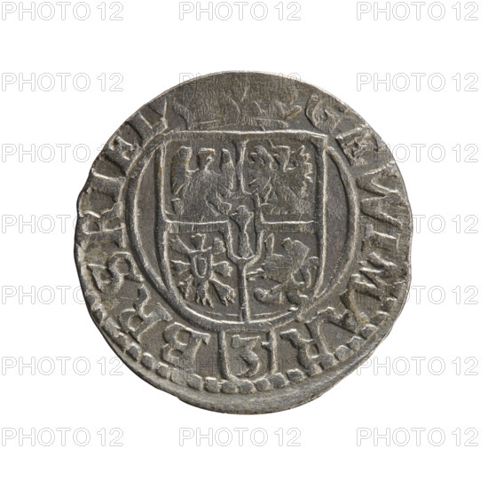 one-and-a-half, Pfahler, Ernest, Department of Coins of Lands Associated with Poland, George William Hohenzollern (Elector of Brandenburg; Duke of Prussia; 1620-1640), cross (iconographic), orb of rule (iconographic), coats of arms. Obv.: Under the ducal mitre a five-field heraldic shield; below in the shield the value numeral 3. In the rim between the borders an inscription separated by the mitre and the value numeral and terminating with a heart — the hallmark GE WI MAR — BR SRI EL Rw. Royal orb with a cross with arms terminating in florences. In the lower part of the orb the value numerals 24. On the sides of the cross the date numerals 2-4. In the rim between the borders there is an inscription divided by a cross and ending with a heart — the hallmark MONE NOVA PRVS 1624. Ducal Prussia (1525–1701), Königsberg; coin: diameter 19.2 mm, weight 1.05 g, axis 200°.