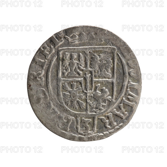 One-and-a-half (coin). Maker: Ernest Pfahler. Department of Coins of Lands Associated with Poland. George William of Hohenzollern (Elector of Brandenburg; Duke of Prussia; 1620–1640). Obverse: Under the ducal mitre a five-field heraldic shield; below in the shield a value numeral '3'. In the rim between the borders an inscription separated by the mitre and the value numeral and terminating with a heart hallmark, 'WI MAR - B, RI EL'. Reverse: Royal orb with a cross whose arms terminate in finials; in the lower part of the orb the value numerals '24'; on the sides of the cross, date numerals '2-4'. In the rim between the borders an inscription divided by a cross 'MONE VC PRVS 1624'. Duchy: Ducal Prussia (1525–1701), Königsberg. Coin: diameter 19.0 mm, weight 1.16 g, axis 315°.