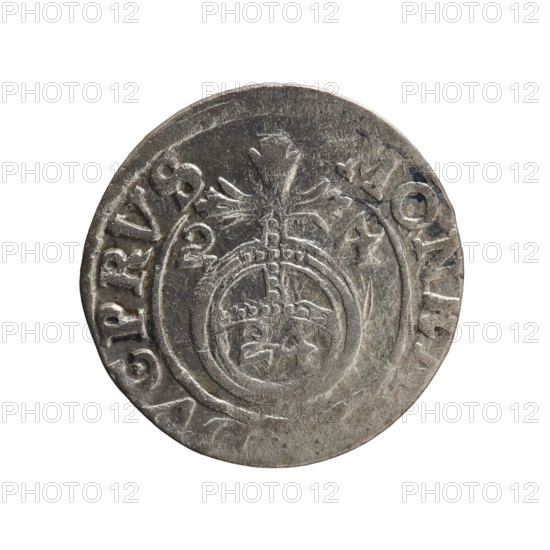 One-and-a-half (coin). Maker: Pfahler, Ernest. Department of Coins of Lands Associated with Poland. George William of Hohenzollern (Elector of Brandenburg; Duke of Prussia; 1620–1640). Obverse: under the ducal mitre a five-field heraldic shield; below in the shield a value numeral 3. In the rim between the borders an inscription separated by the mitre and the value numeral and terminating with a heart hallmark, WI MAR - B, RI EL. Reverse: royal orb with a cross with arms terminating in finials; in the lower part of the orb the value numerals 24; on the sides of the cross, date numerals 2–4. In the rim between the borders an inscription divided by a cross MONE, VC PRVS, 1624. Place and period: Ducal Prussia (1525–1701), Königsberg. Coin specs: diameter 19.0 mm, weight 1.16 g, axis 315°.