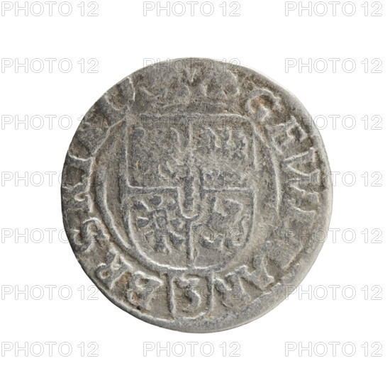 one and a half, George William Hohenzollern (Elector of Brandenburg; Duke of Prussia; 1620–1640), orb of rule (iconographic), cross (iconographic), coats of arms. Obverse: under the ducal mitre a five-field coat of arms; below in the shield a value numeral 3. On the rim between the borders an inscription separated by the mitre and the value numeral and terminating with a heart — hallmark GE WI, AR — BR SRI EL Rw. Royal orb with a cross with arms terminating in finials. In the lower part of the orb the value numerals 24. On the sides of the cross date numerals 2–4. On the rim between the borders an inscription separated by a cross MONE NO, DVC PRVS, 1624. Ducal Prussia (1525–1701), Königsberg; coin. Diameter 19.2 mm, weight 0.90 g, axis 80 degrees.