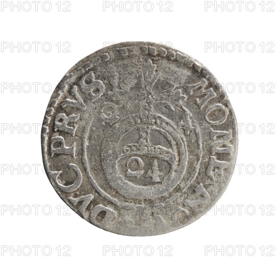 one and a half, Pfahler, Ernest, George William Hohenzollern (Elector of Brandenburg; Duke of Prussia; 1620-1640), orb of rule (iconographic), cross (iconographic), coats of arms. Obv.: Under the ducal mitre a five-field coat of arms; below in the shield a value numeral 3. On the rim between the borders an inscription separated by the mitre and the value numeral and terminating with a heart; hallmark GE WI, AR - BR SRI EL Rw. Reverse: Royal orb with a cross with arms terminating in finials. In the lower part of the orb the value numerals 24. On the sides of the cross date numerals 2-4. On the rim between the borders an inscription separated by a cross MONE NO, DVC PRVS, 1624. Ducal Prussia (1525-1701), Königsberg; coin: diameter 19.2 mm, weight 0.90 g, axis 80 degrees.