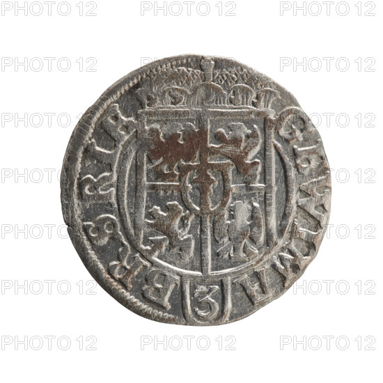 One-and-a-half, Pfahler, Ernest. George William Hohenzollern (Elector of Brandenburg; Duke of Prussia; 1620–1640). Obverse: under the ducal mitre, a five-field heraldic shield, below in the shield the value numeral 3; in the rim between the borders an inscription separated by the mitre and the value numeral GE WI MA - BR SRIE. Reverse: royal orb with a cross with arms terminating in finials; in the lower part of the orb the value numerals 24; on the sides of the cross the date numerals 2 - 5; in the rim between the borders an inscription divided by a cross and a heart - the hallmark *MONE NO - DVC PRVS*, 1625. Ducal Prussia (1525–1701), Königsberg. Coin: diameter 19.4 mm, weight 1.15 g, axis 0 degrees.