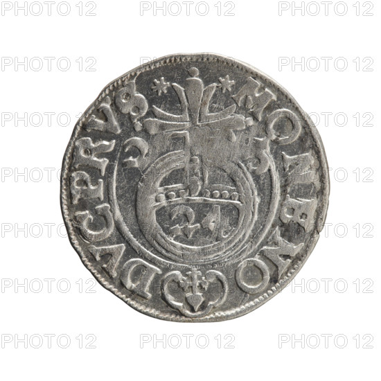 One-and-a-half, Ernest Pfahler. George William Hohenzollern (Elector of Brandenburg; Duke of Prussia; 1620–1640). Coin, 1625, Ducal Prussia (1525–1701), Königsberg. Obverse: Under the ducal mitre, a five-field heraldic shield with the value numeral 3 below; rim inscription separated by the mitre and the value numeral GE WI MA - BR SRIE. Reverse: Royal orb with a cross whose arms terminate in finials; value numerals 24 in the lower part of the orb and date numerals 2-5 on the sides of the cross; rim inscription divided by a cross and a heart reading *MONE NO - DVC PRVS*. Diameter 19.4 mm, weight 1.15 g, axis 0°.