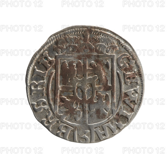 one-and-a-half, cross (iconographic), George William of Hohenzollern (Elector of Brandenburg; Duke of Prussia; 1620–1640), orb of reign (iconographic), coats of arms. Obverse: under the ducal mitre, a five-field heraldic shield; below in the shield the value numeral 3. In the rim between the borders an inscription separated by the mitre and the value numeral GE WI MA - BR SRIE. Reverse: royal orb with a cross with arms terminating in finials; in the lower part of the orb the value numerals 24; on the sides of the cross the date numerals 2-5. In the rim between the borders an inscription divided by a cross and a heart - the hallmark *MONE NO - DVC PRVS*, 1625. Ducal Prussia (1525–1701), Königsberg; coin: diameter 19.3 mm, weight 0.93 g, axis 190 degrees.