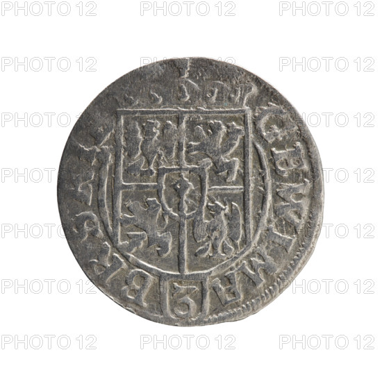 one-and-a-half; Ernest Pfahler; Department of Coins of Lands Associated with Poland — George William Hohenzollern (Elector of Brandenburg; Duke of Prussia; 1620–1640); cross (iconographic); orb of rule (iconographic); coats of arms. Obverse: under the ducal mitre, a five-field coat of arms; below in the shield the value numeral 3. In the rim between the borders an inscription separated by the mitre and the value numeral: GE WI MA - BR SRI. Reverse: royal orb with a cross with arms terminating in florences; in the lower part of the orb the value numerals 24; on the sides of the cross the date numerals 2-5. In the rim between the borders an inscription divided by a cross and a heart: *MONE NO - DVC PRVS*. 1625; Königsberg; Ducal Prussia (1525–1701); coin. Diameter 19.4 mm; weight 1.21 g; axis 225°.