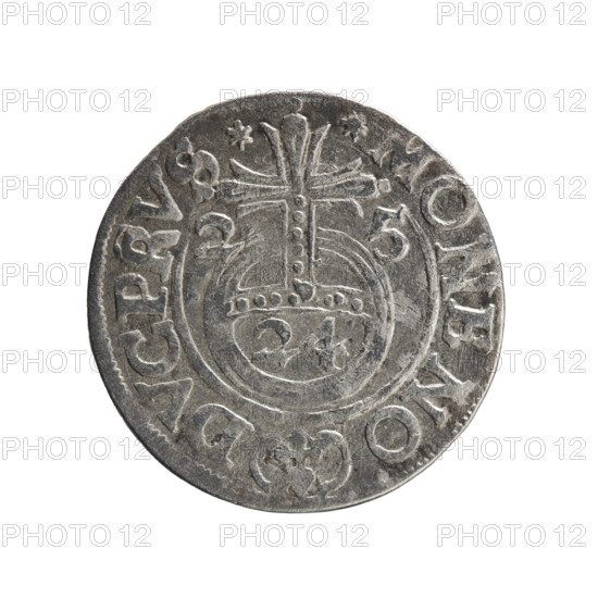 one-and-a-half, George William Hohenzollern (Elector of Brandenburg; Duke of Prussia; 1620-1640), cross (iconographic), orb of rule (iconographic), coats of arms. Obv. Under the ducal mitre, a five-field coat of arms; below in the shield the value numeral 3. In the rim between the borders an inscription separated by the mitre and the value numeral GE WI MA - BR SRI. Reverse. Royal orb with a cross with arms terminating in florences. In the lower part of the orb the value numerals 24. On the sides of the cross the date numerals 2-5. In the rim between the borders an inscription divided by a cross and a heart - the hallmark *MONE NO - DVC PRVS*, 1625, Königsberg, Ducal Prussia (1525-1701), coin; diameter 19.4 mm; weight 1.21 g; axis 225 degrees.