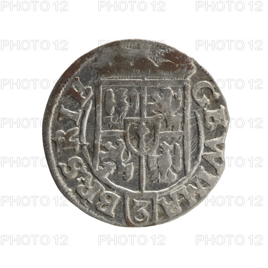 one-and-a-half, George William Hohenzollern (Elector of Brandenburg; Duke of Prussia; 1620–1640), cross (iconographic), orb of rule (iconographic), coats of arms. Obv.: Under the ducal mitre, a five-field heraldic shield; below in the shield the value numeral 3. In the rim between the borders is an inscription separated by the mitre and the value numeral GE WI MA - BR SRIE. Rev.: Royal orb with a cross with arms terminating in finials; in the lower part of the orb the value numerals 24; on the sides of the cross the date numerals 2-5. In the rim between the borders an inscription divided by a cross and a heart - the hallmark *MONE NO - , PRVS*, 1625. Ducal Prussia (1525–1701), Königsberg; coin. Diameter 19.3 mm, weight 1.41 g, axis 135°.