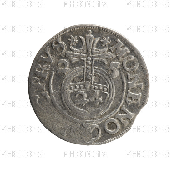 One-and-a-half (3/2) coin, Ernest Pfahler. Obverse: under ducal mitre, five-field heraldic shield with value numeral 3 in lower part; rim inscription separated by the mitre and the numeral reads 'GE WI MA - BR SRIE'. Reverse: royal orb with cross whose arms terminate in finials; lower part of orb shows value numerals '24', dates '2-5' on sides of the cross; rim inscription divided by a cross and a heart reads '*MONE NO - , PRVS*', dated 1625. Ducal Prussia (1525–1701), Königsberg. Coin; diameter 19.3 mm, weight 1.41 g, axis 135°.