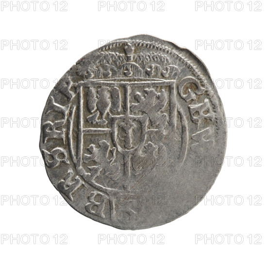 One-and-a-half, Ernest Pfahler. Coin (1625, Königsberg, Ducal Prussia, 1525–1701). Obverse: Under the ducal mitre, a five-field heraldic shield with value numeral 3 below; rim inscription separated by the mitre and the value numeral. Reverse: Royal orb with a cross whose arms terminate in finials; lower part of orb shows value numerals 24; dates numerals 2-5 on the sides of the cross; rim inscription divided by a cross and a heart with hallmark reading *MONE NO - , VS*, 1625. Subject: George William Hohenzollern (Elector of Brandenburg; Duke of Prussia; 1620–1640); iconographic elements include cross and orb of rule and coats of arms. Coin: diameter 20.0 mm, weight 0.95 g, axis 340°.