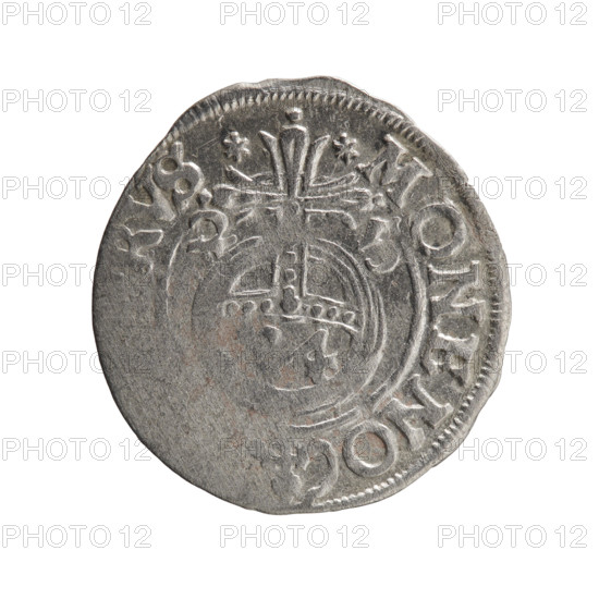 One-and-a-half; maker: Ernest Pfahler. Obverse: under the ducal mitre, a five-field heraldic shield with value numeral 3 below. Rim between borders: inscription separated by the mitre and the value numeral GE, BR SRIE. Reverse: royal orb with a cross whose arms terminate in finials; lower part of orb bears value numerals 24; on the sides of the cross the date numerals 2-5. Rim between borders: inscription divided by a cross and a heart - the hallmark *MONE NO - , VS*, 1625. Königsberg, Ducal Prussia (1525–1701). Coin; diameter 20.0 mm; weight 0.95 g; axis 340°.