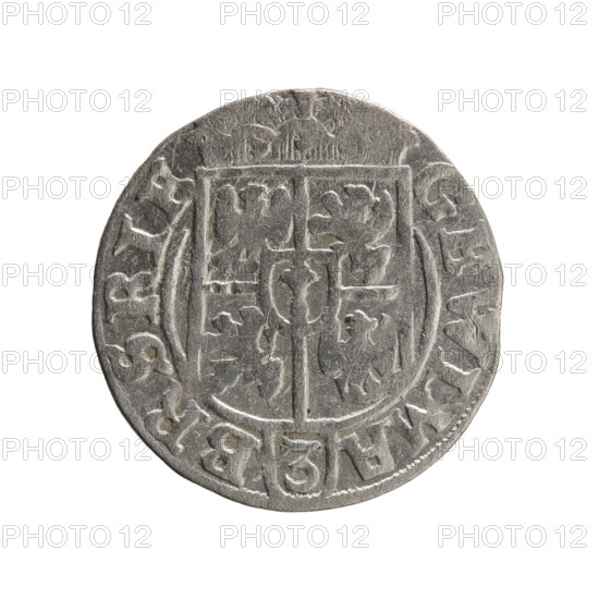 One-and-a-half, Ernest Pfahler. Obverse: under the ducal mitre, a five-field coat of arms; below in the shield the value numeral 3. In the rim between the borders an inscription separated by the mitre and the value numeral GE WI MA - BR SRIE. Reverse: royal orb with a cross with arms terminating in finials; in the lower part of the orb the value numerals 24; on the sides of the cross the date numerals 2-5. In the rim between the borders an inscription divided by a cross and a heart: *MONE NO - DVC PRVS*. 1625. George William Hohenzollern (Elector of Brandenburg; Duke of Prussia; 1620–1640). Ducal Prussia (1525–1701), Königsberg. Coin; diameter 19.3 mm; weight 1.07 g; axis 135°.