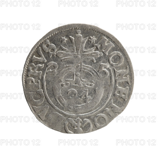 One-and-a-half; maker: Ernest Pfahler. Obverse: Under the ducal mitre, a five-field coat of arms; below in the shield the value numeral 3. In the rim between the borders an inscription separated by the mitre and the value numeral GE WI MA - BR SRIE. Reverse: Royal orb with a cross with arms terminating in finials; in the lower part of the orb the value numerals 24; on the sides of the cross the date numerals 2-5. In the rim between the borders an inscription divided by a cross and a heart - the hallmark *MONE NO - DVC PRVS*. Date: 1625. Place: Ducal Prussia (Königsberg). Object: coin; diameter 19.3 mm; weight 1.07 g; axis 135°.