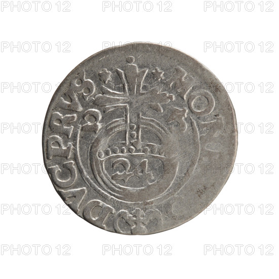Obverse: Under the ducal mitre a five-field heraldic shield; below in the shield a value numeral 3. On the rim between the borders an inscription divided by the mitre and the value numeral, I MA - BR SRIE Rw. Reverse: Royal orb with a cross whose arms terminate in finials. In the lower part of the orb the value numerals 24; on the sides of the cross the date numerals 2-5. On the rim between the borders an inscription divided by a cross and a heart - hallmark *MO, - DVC PRVS*, 1625. Ducal Prussia (1525–1701), Königsberg; coin. Diameter 19.3 mm; weight 1.16 g; axis 225°. Maker: Ernest Pfahler. Icons: cross, orb of rule, coats of arms.