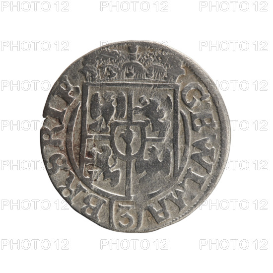 One-and-a-half coin by Ernest Pfahler, 1625 (Königsberg). Obverse: under a ducal mitre, a five-field heraldic shield with value numeral '3' below; rim inscription separated by the mitre and numeral: 'GE WI MA - BR SRIE'. Reverse: royal orb with a cross whose arms terminate in finials; value numerals '24' in lower part of orb and date numerals '2-5' on the sides of the cross; rim inscription divided by a cross and a heart: the hallmark '*MONE NO - DVC PRVS*'. Ducal Prussia (1525–1701). Coin; diameter 19.3 mm; weight 1.11 g; axis 190°.