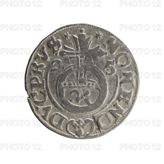 George William Hohenzollern (Elector of Brandenburg; Duke of Prussia; 1620–1640). Obverse: Under the ducal mitre, a five-field heraldic shield; below in the shield the value numeral 3. In the rim between the borders an inscription separated by the mitre and the value numeral GE WI MA - BR SRIE. Reverse: Royal orb with a cross whose arms terminate in finials; in the lower part of the orb the value numerals 24; on the sides of the cross the date numerals 2-5. In the rim between the borders an inscription divided by a cross and a heart - *MONE NO - DVC PRVS*. 1625, Königsberg, Ducal Prussia (1525–1701). Coin; diameter 19.3 mm; weight 1.11 g; axis 190°.