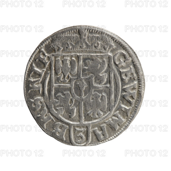 one-and-a-half, George William Hohenzollern (Elector of Brandenburg; Prince of Prussia; 1620–1640), cross (iconographic), orb of rule (iconographic), coats of arms. Obverse: Under the ducal mitre, a five-field coat of arms; below in the shield the value numeral 3. In the rim between the borders an inscription separated by the mitre and the value numeral GE WI MA - BR SRIE. Reverse: Royal orb with a cross with arms terminating in finials. In the lower part of the orb the value numerals 24. On the sides of the cross the date numerals 2-5. In the rim between the borders an inscription divided by a cross and a heart - the hallmark *MONE NO - DVC PRVS*, 1625. Ducal Prussia (1525–1701), Königsberg. Coin: diameter 19.4 mm, weight 1.24 g, axis 100 degrees.