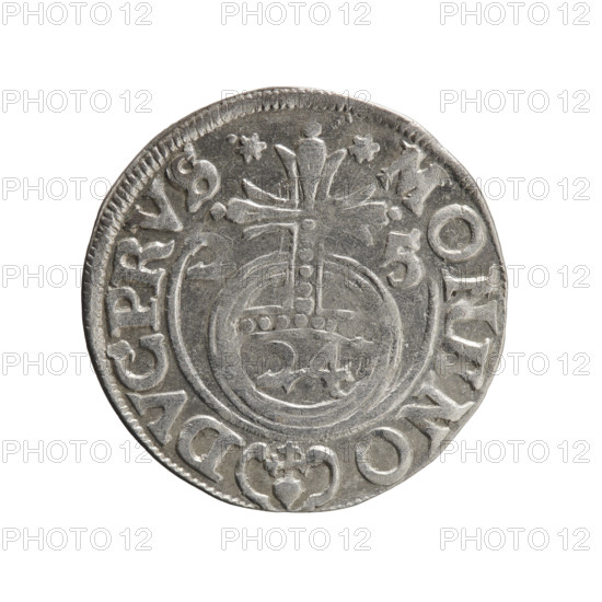 one-and-a-half, Ernest Pfahler; George William Hohenzollern (Elector of Brandenburg; Prince of Prussia; 1620–1640). Obverse: under the ducal mitre, a five-field coat of arms; below in the shield the value numeral 3. In the rim between the borders an inscription separated by the mitre and the value numeral GE WI MA - BR SRIE. Reverse: royal orb with a cross with arms terminating in finials; in the lower part of the orb the value numerals 24; on the sides of the cross the date numerals 2-5. In the rim between the borders an inscription divided by a cross and a heart: *MONE NO - DVC PRVS*, 1625. Ducal Prussia (1525–1701), Königsberg. Coin; diameter 19.4 mm; weight 1.24 g; axis 100°.