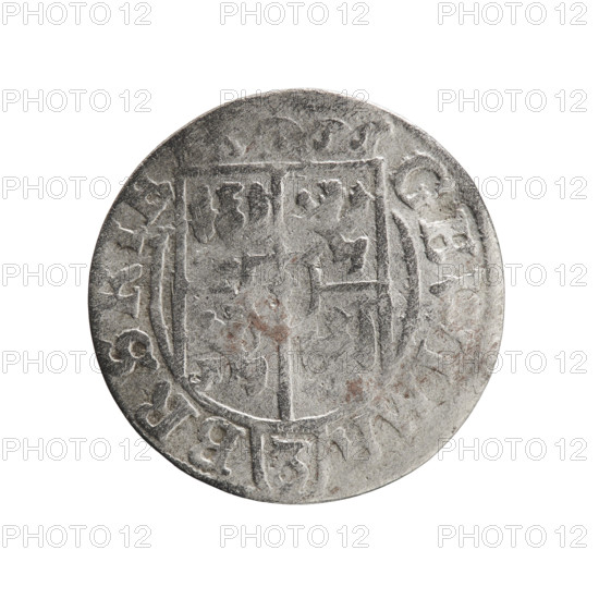 one-and-a-half, Ernest Pfahler, Department of Coins of Lands Associated with Poland, George William Hohenzollern (Elector of Brandenburg; Duke of Prussia; 1620–1640), orb of rule (iconographic), cross (iconographic), coats of arms. Obverse: Under the ducal mitre, a five-field coat of arms; below in the shield the value numeral 3. In the rim between the borders an inscription separated by the mitre and the value numeral GE WI MA - BR SRIE. Reverse: Royal orb with a cross with arms terminating in finials; in the lower part of the orb the value numerals 24; on the sides of the cross the date numerals 2-5. In the rim between the borders an inscription divided by a cross and a heart - the hallmark *MONE NO - DVC P, 1625. Königsberg, Ducal Prussia (1525–1701). Coin: diameter 19.0 mm, weight 1.10 g, axis 270 degrees.